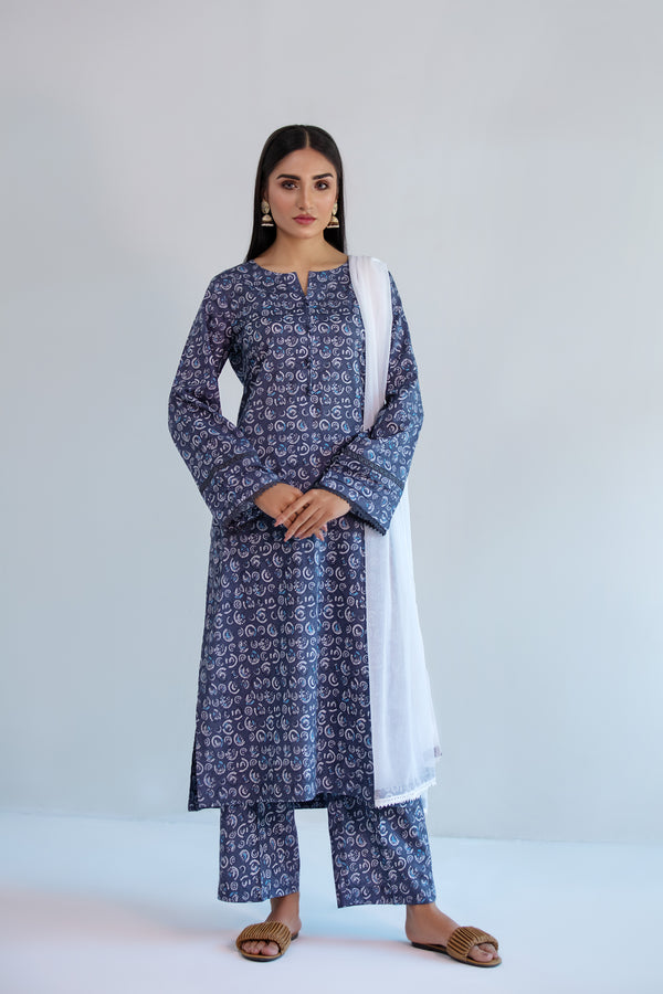 3 Piece - Lawn Printed Dress Navy Grey