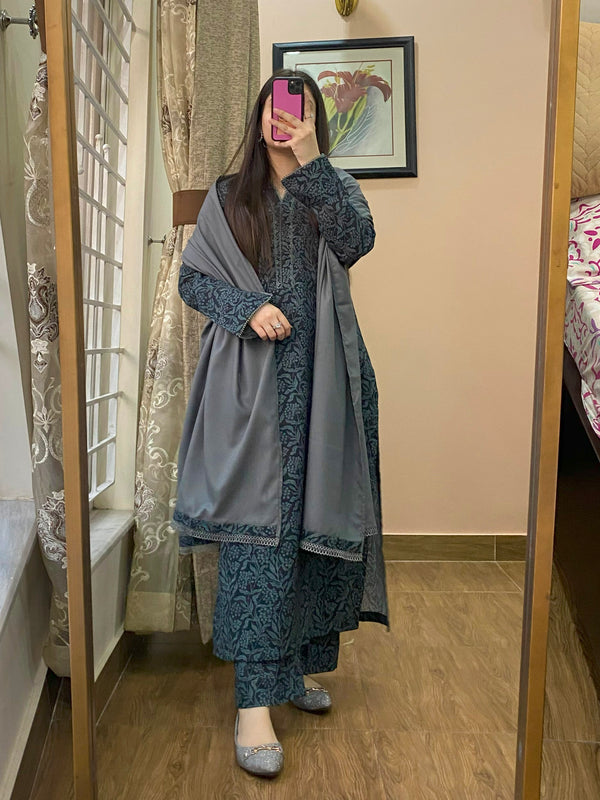 3 Piece - Khaddar Printed Grey Black Dress