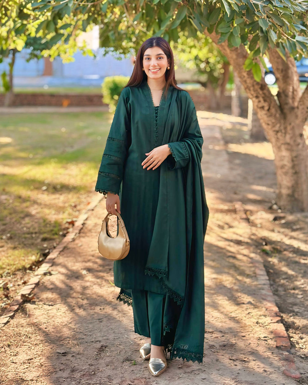 3 Piece - Dobby Khaddar Myrtle Green Dress