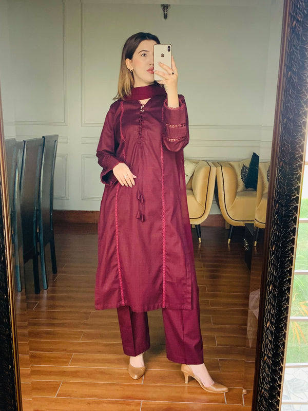 3 Piece Cambric Dobby Deep Maroon Dress