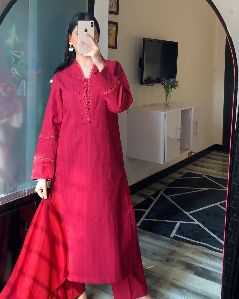 3 Piece - Dobby Khaddar Maroon Dress