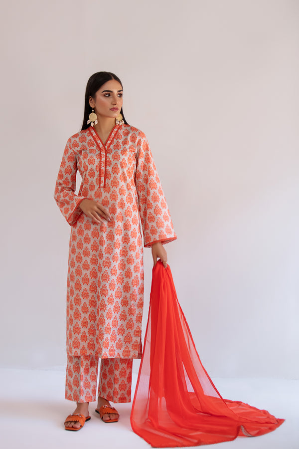 3 Piece - Printed Lawn Dress Beige Orange