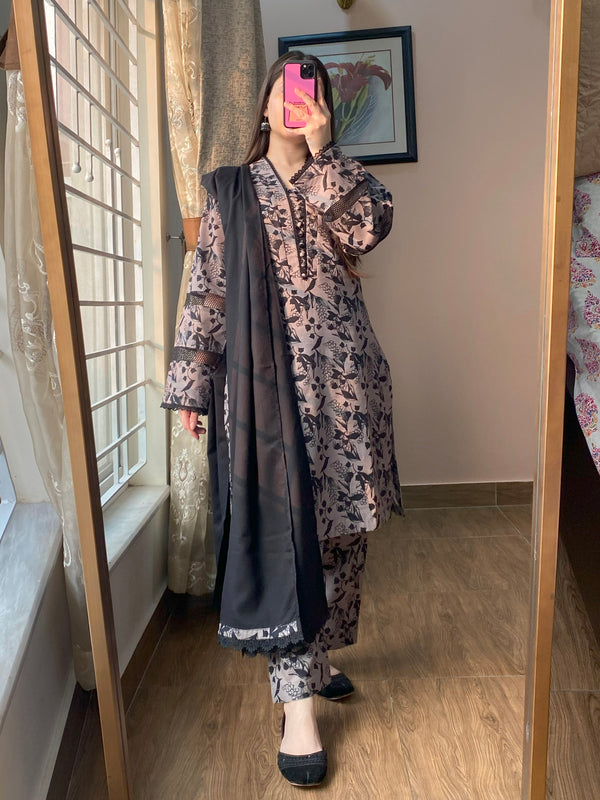 3 Piece - Khaddar Printed Grey Black Dress with Shalwar