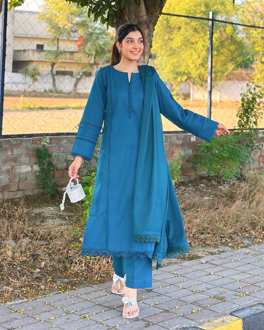 3 Piece - Dobby Khaddar Zinc Blue Dress