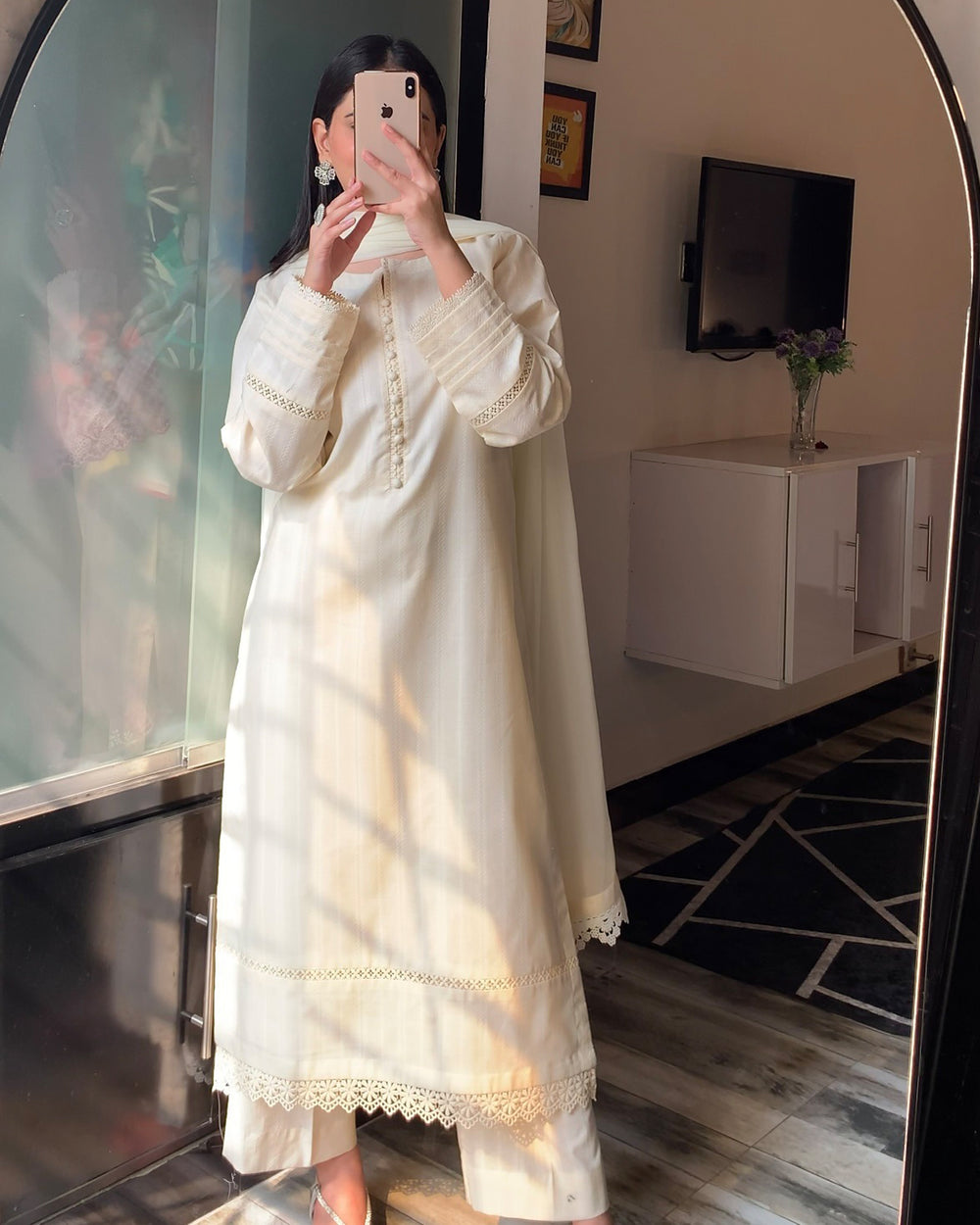 3 Piece - Dobby Khaddar Ivory Dress