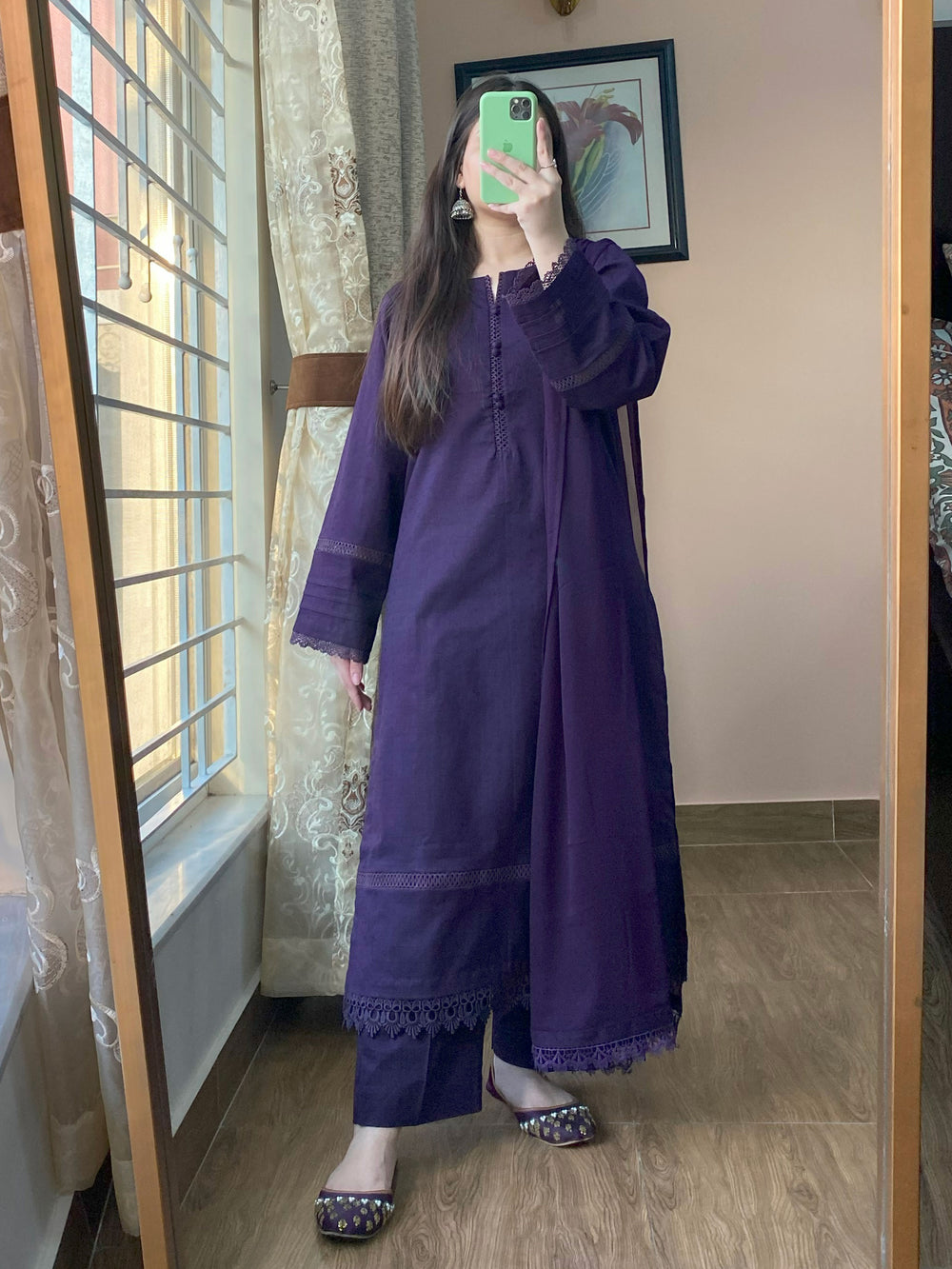 3 Piece - Dobby Khaddar Dark Purple Dress