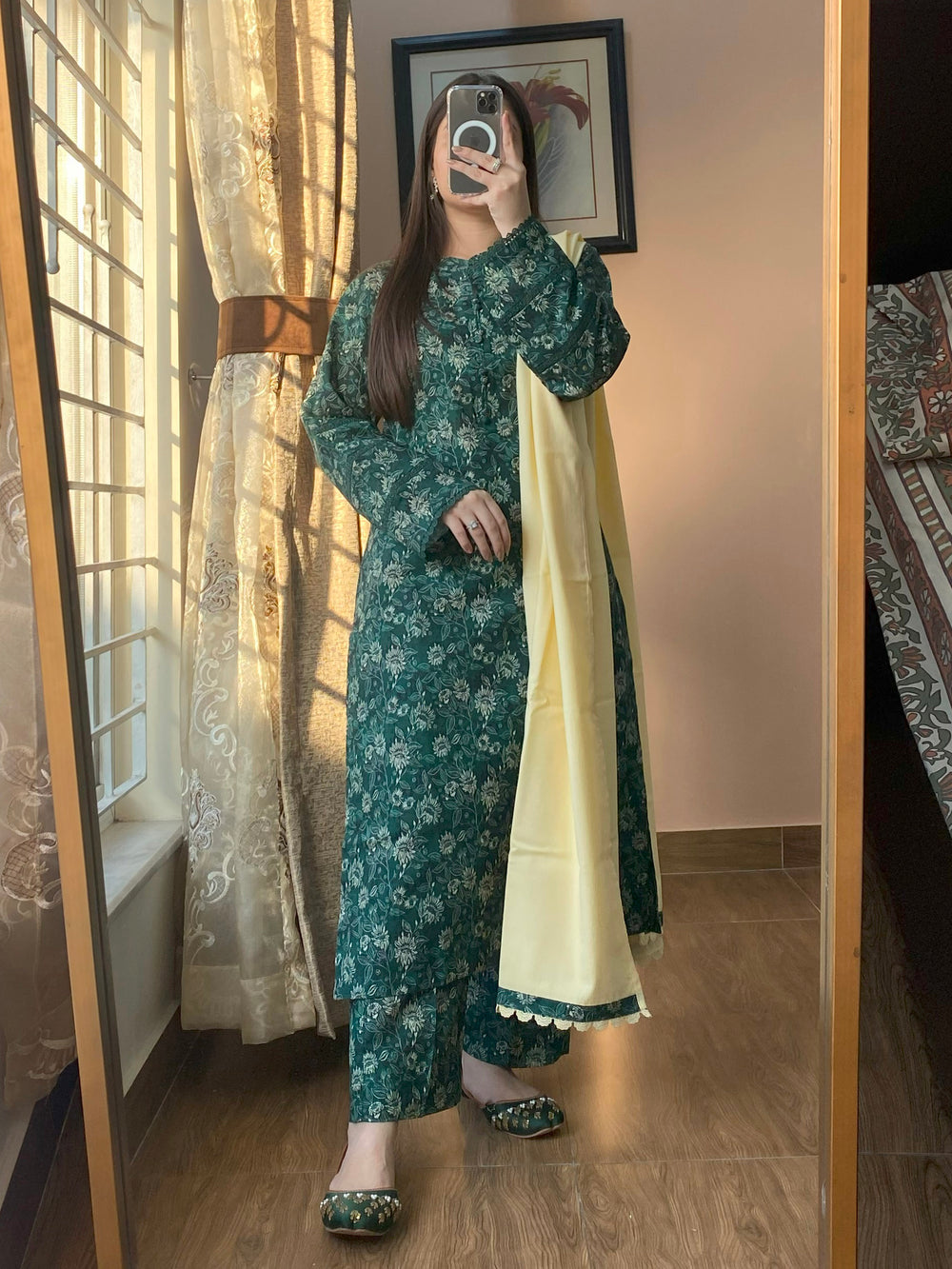 3 Piece - Khaddar Printed Green Floral Dress