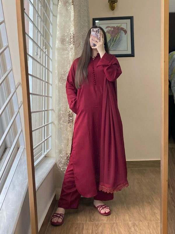 3 PIECE – SILK KARANDI MAROON DRESS