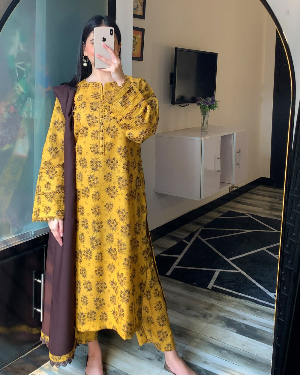 3 Piece - Khaddar Printed Ochre Floral Dress