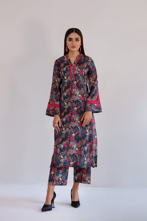 2 Piece - Lawn Printed Dress Black Maroon