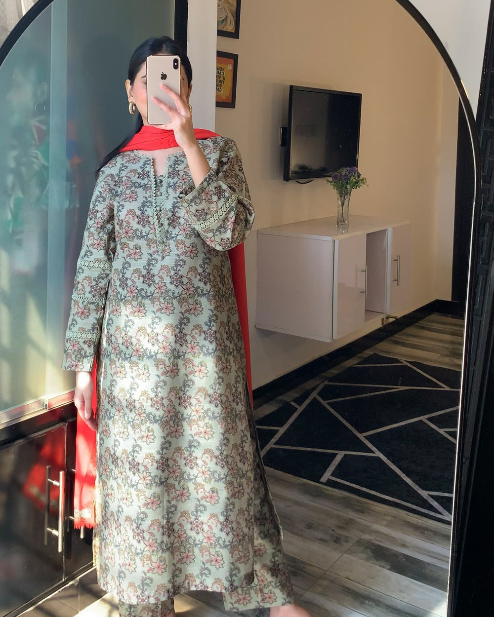 3 Piece - Khaddar Printed Smoke Green Dress