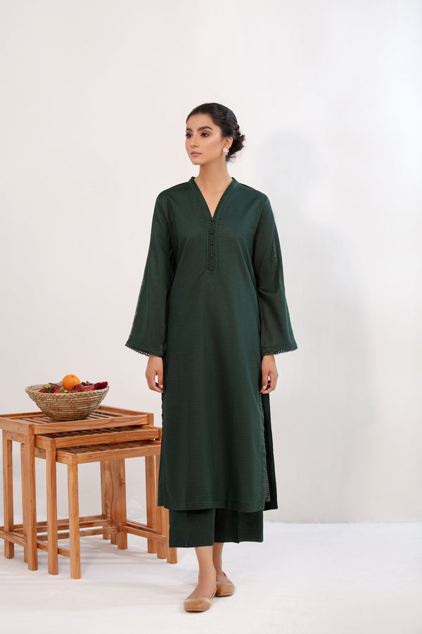 2 Piece - Cotton Dobby Dark Green Dress