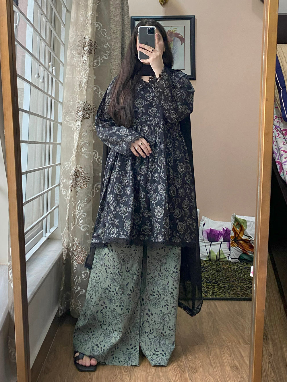 3-Piece Lawn Printed Dress with Loose Plazo