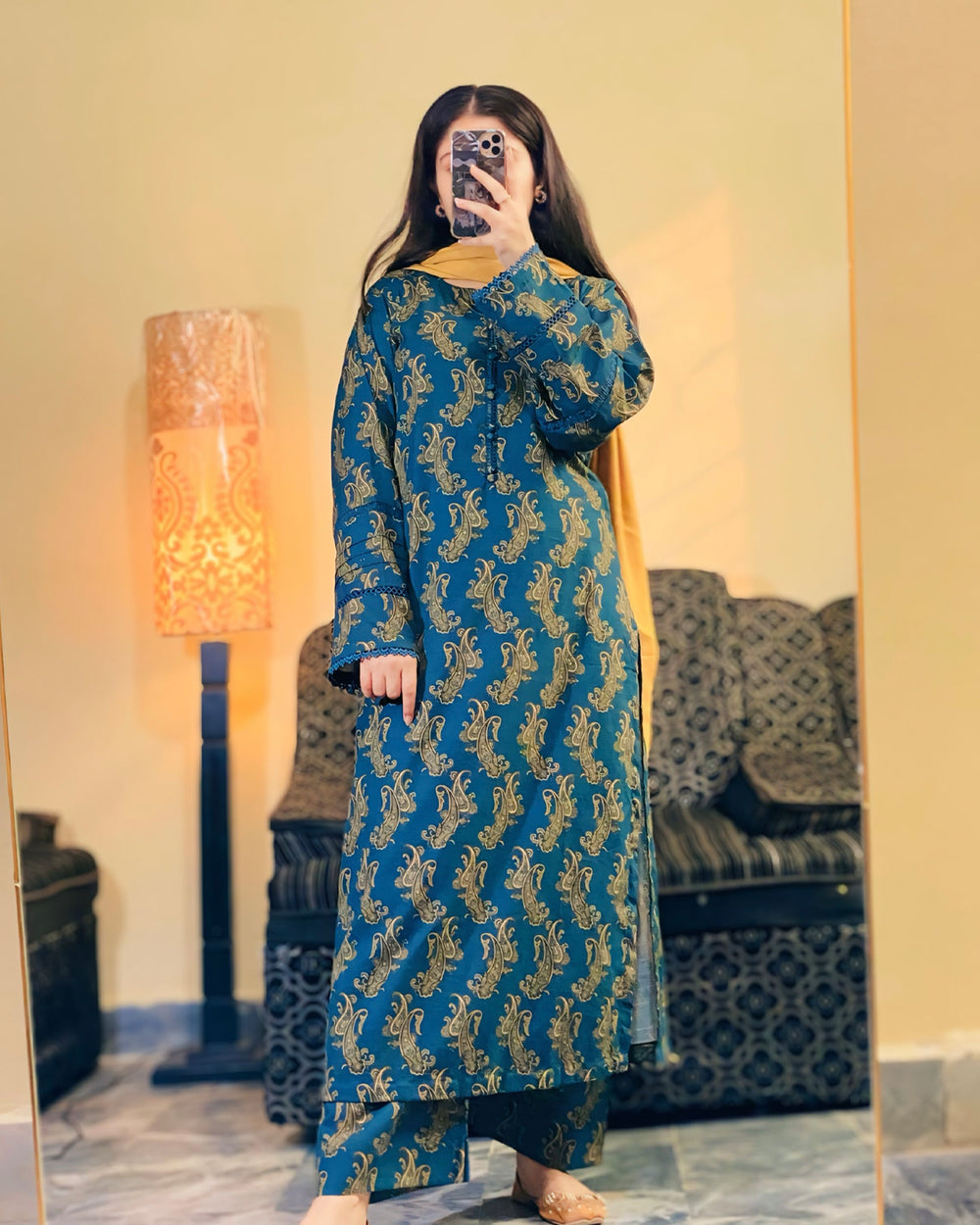 3 Piece - Khaddar Printed Zinc Blue Dress