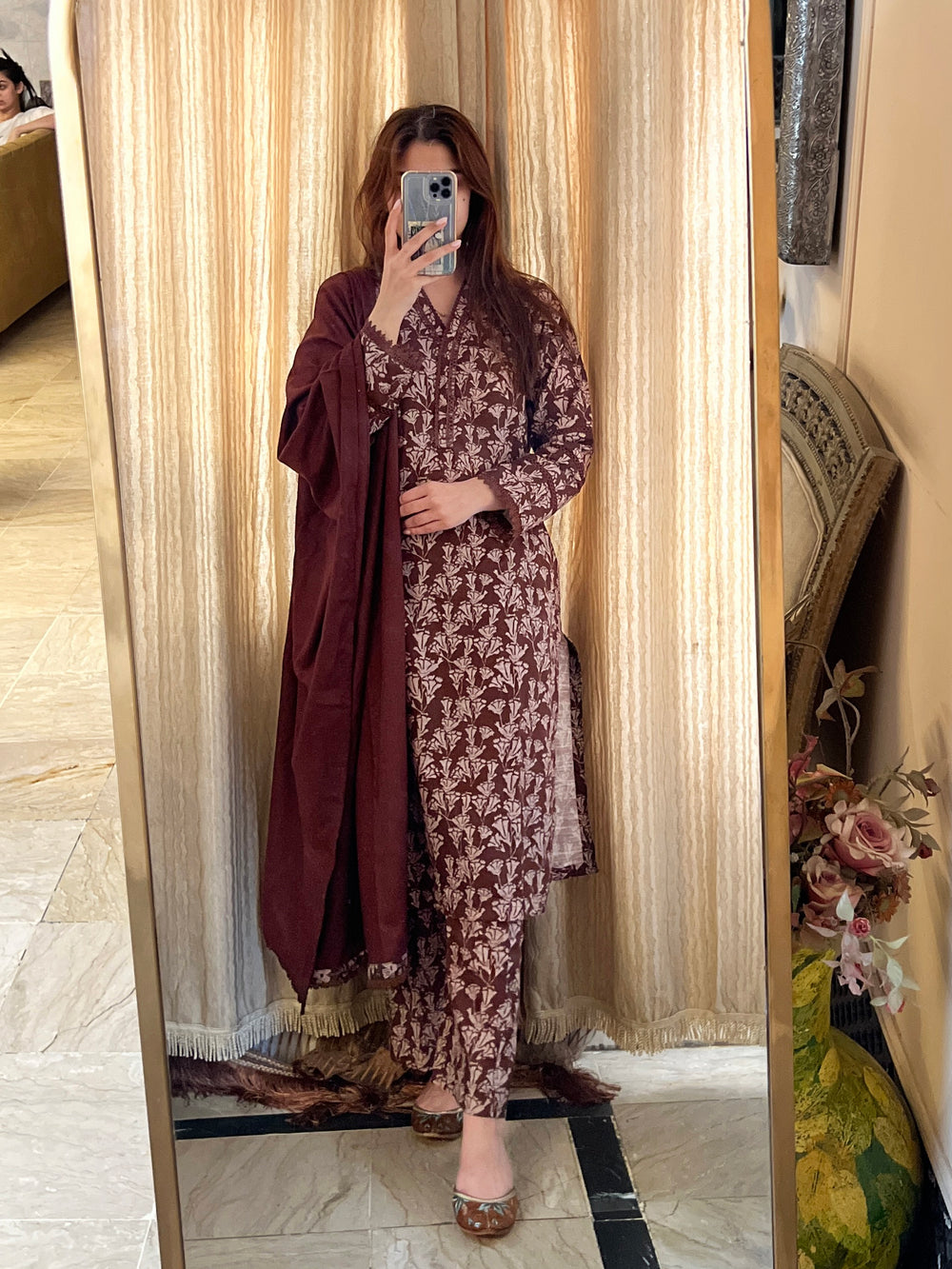 3 Piece - Khaddar Printed Brown Floral Dress