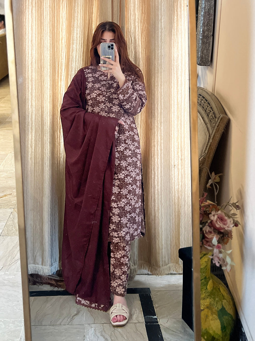 3 Piece - Khaddar Printed Brown Floral Dress