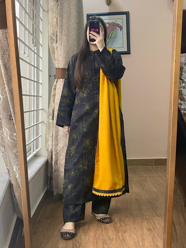 3 Piece - Khaddar Printed Black Dress