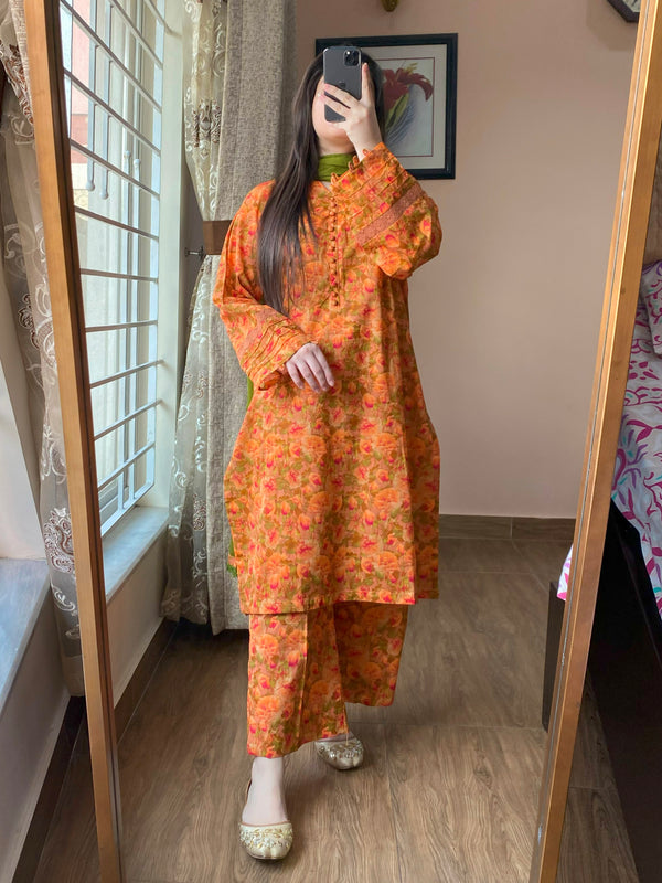 3 Piece - Lawn Printed Dress With Plazo