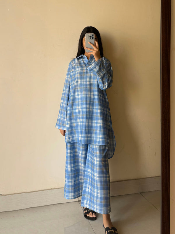 2 Piece - Lawn Printed Dress White Blue Check