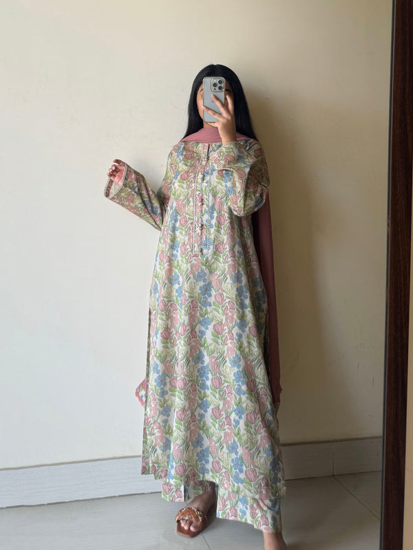 3 Piece - Lawn Printed Dress With Plazo