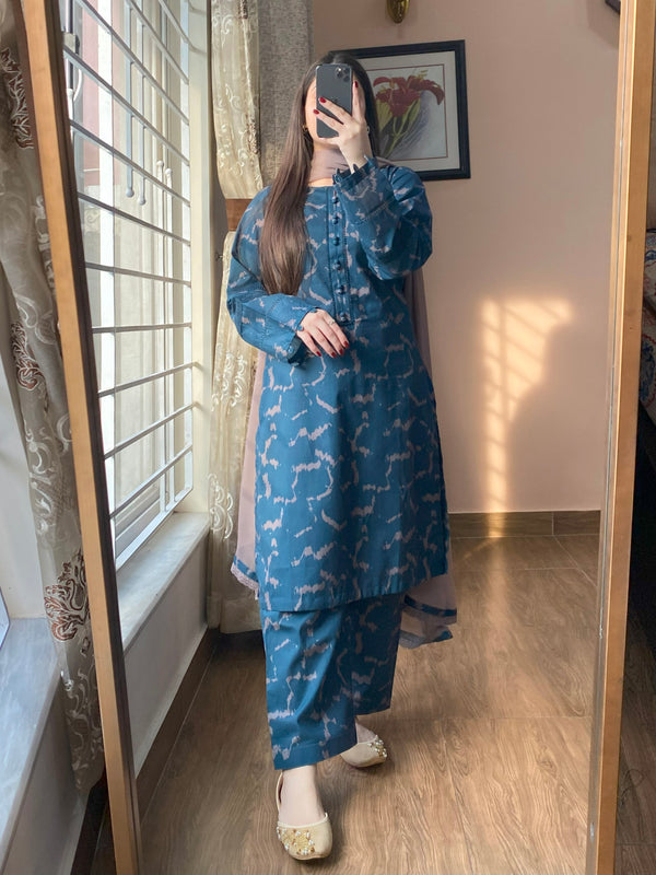 3 Piece - Cambric Printed Dress With Shalwar