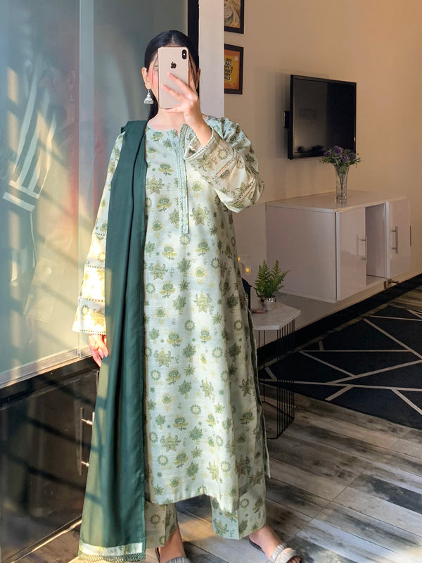 3 Piece - Khaddar Printed Smoke Green Dress