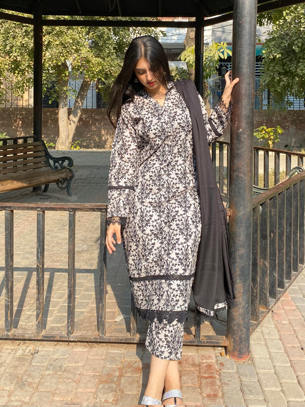 3 Piece - Khaddar Printed Grey Black Dress