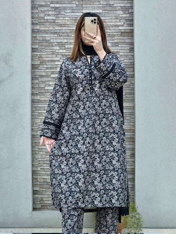 3 Piece - Khaddar Printed Grey Black Dress