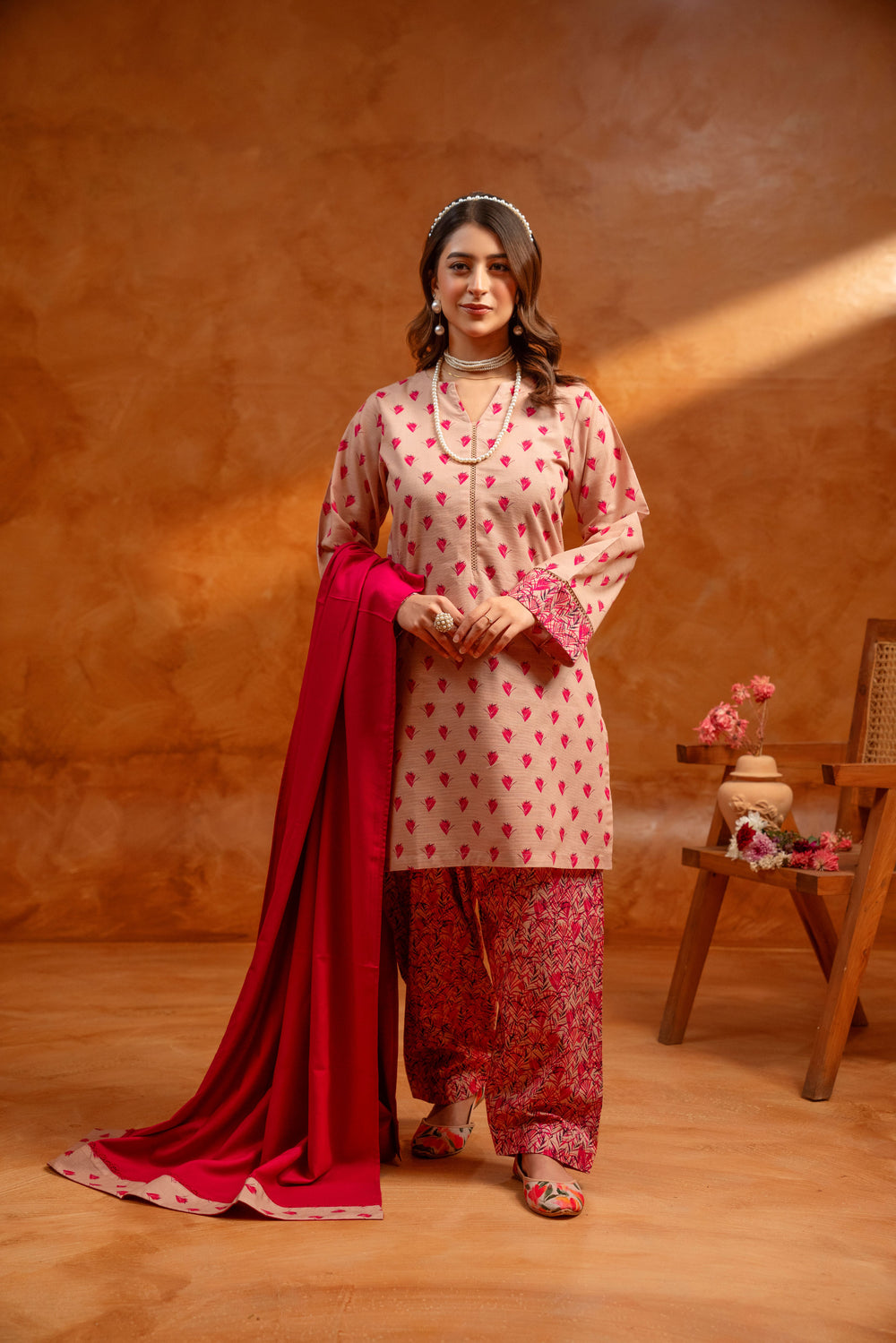 3 Piece - Khaddar Printed Dress with Shalwar