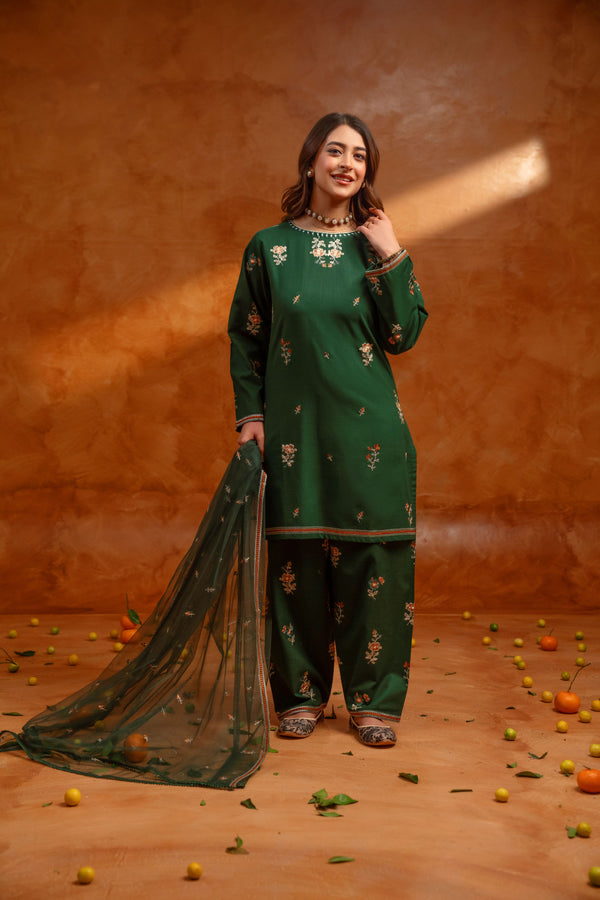 3 Piece - Slub Khaddar Embroidered Dress
