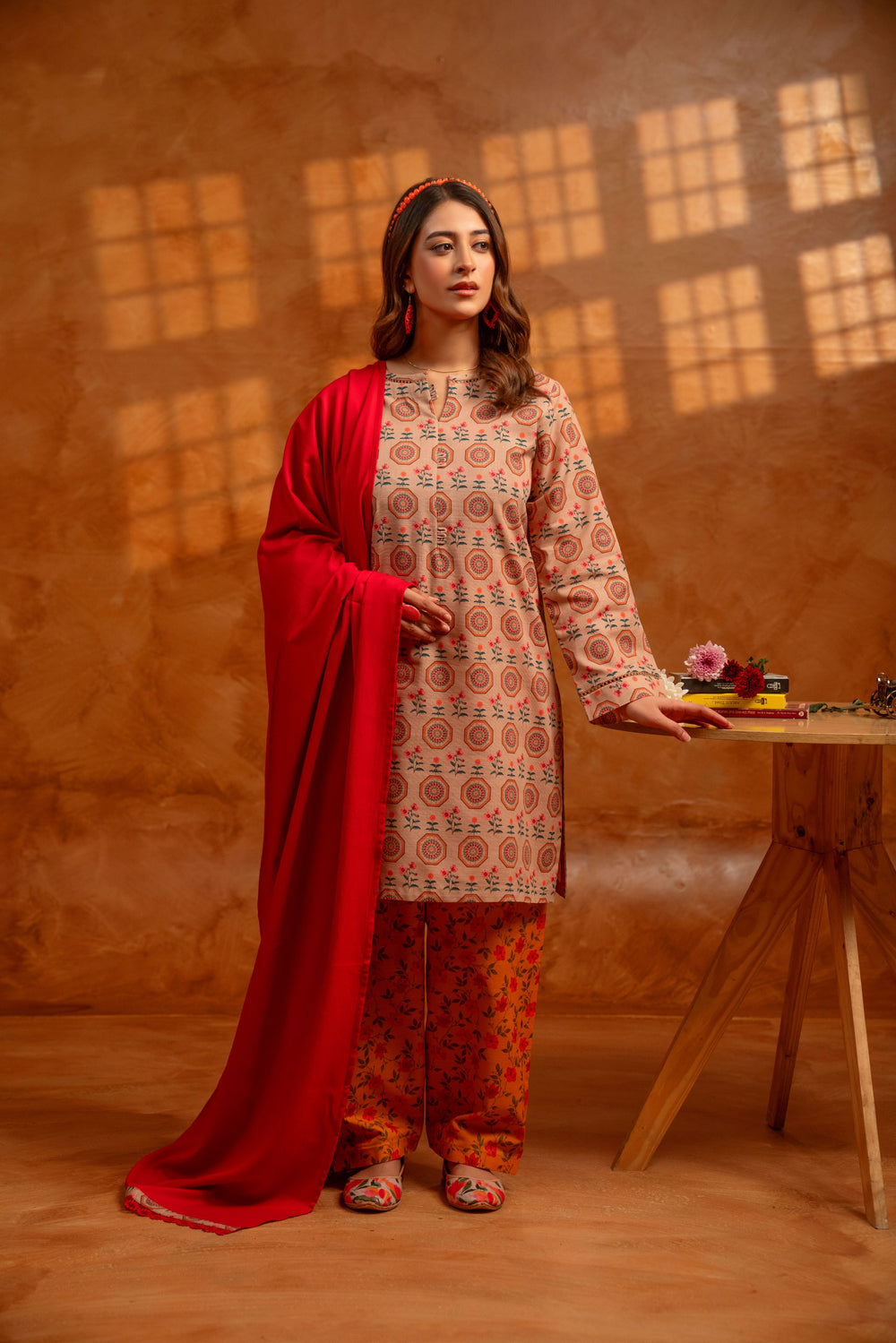 3 Piece - Khaddar Printed Dress with Shalwar