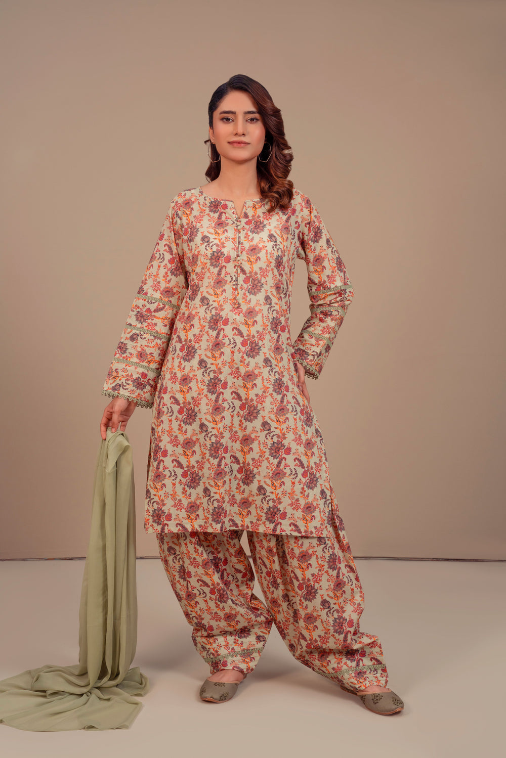 3 Piece - Lawn Printed Dress with Farshi Shalwar