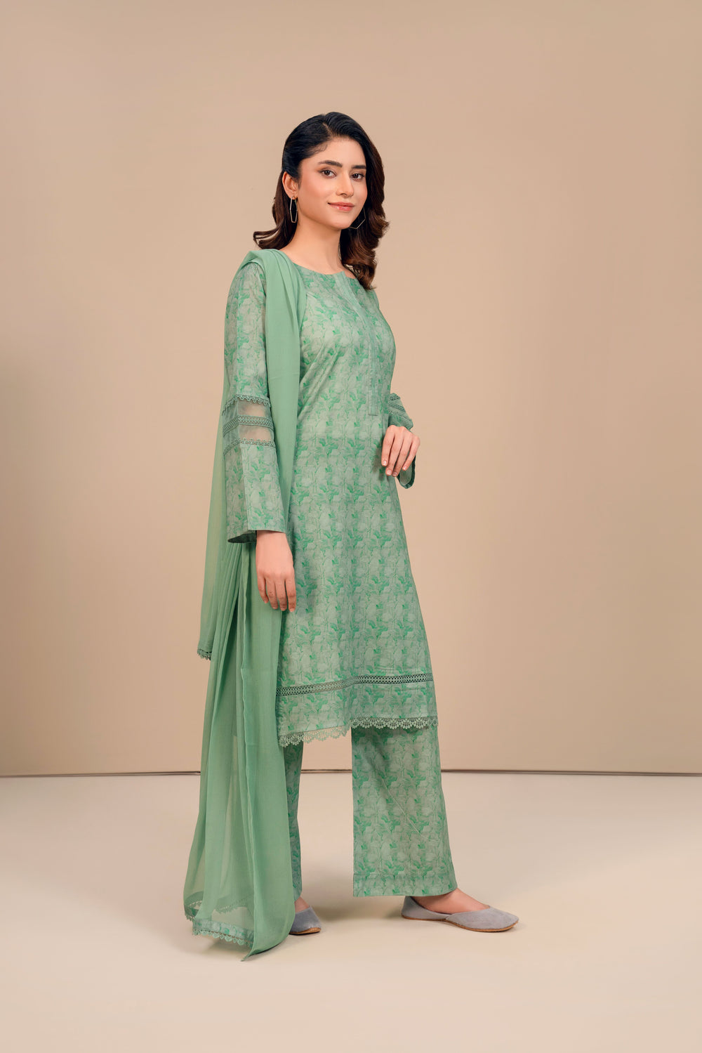 3 Piece - Lawn Printed Dress With Plazo