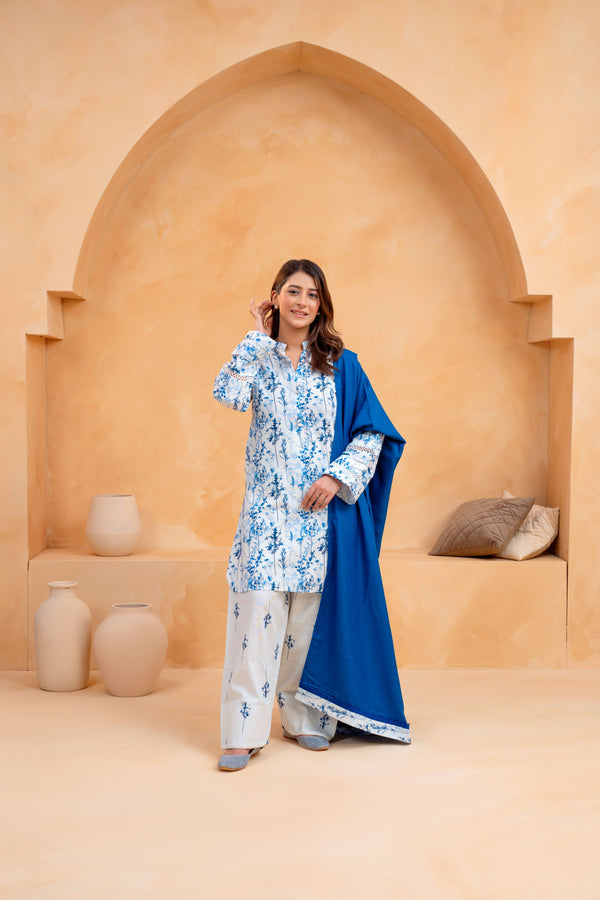 3 Piece - Khaddar Printed Dress with Farshi Shalwar