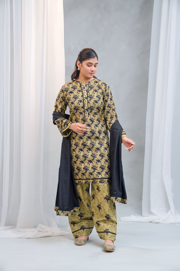 3 Piece - Khaddar Printed Dress with Farshi Shalwar