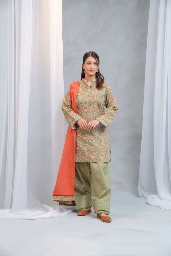 3 Piece - Khaddar Printed Dress with Farshi Shalwar