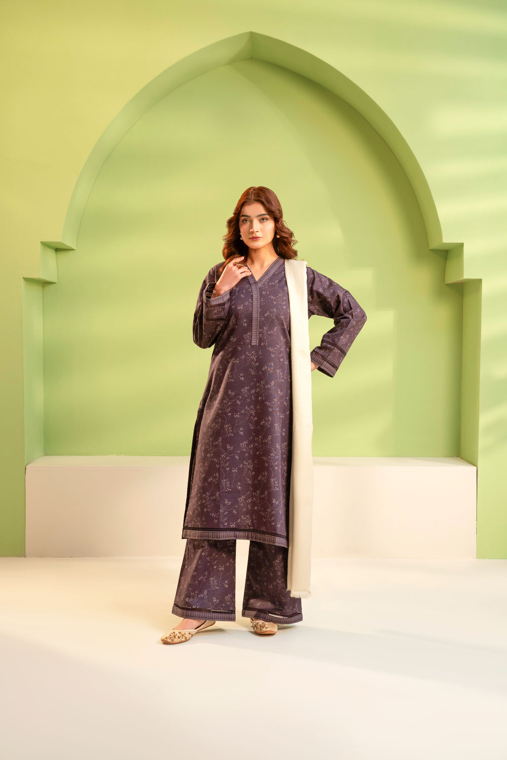3 Piece - Khaddar Printed Dress with Plazo
