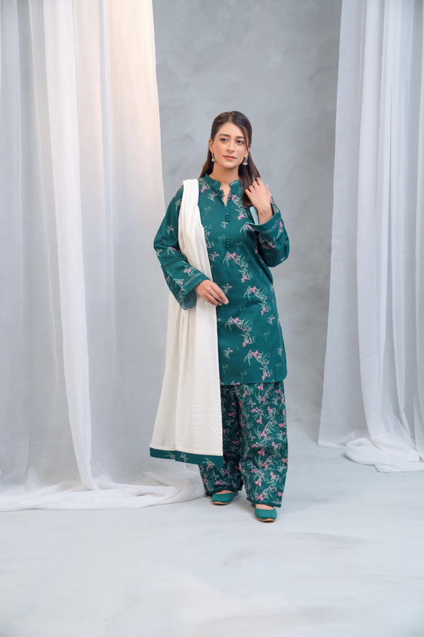 3 Piece - Khaddar Printed Dress with Farshi Shalwar