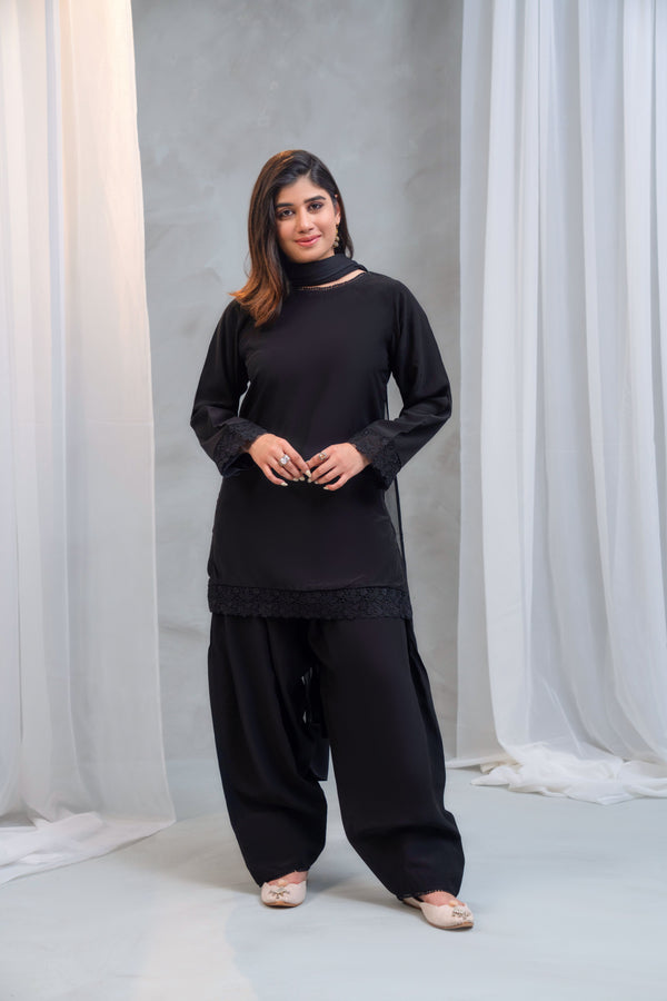 3 Piece - Georgette Dress with Farshi Shalwar