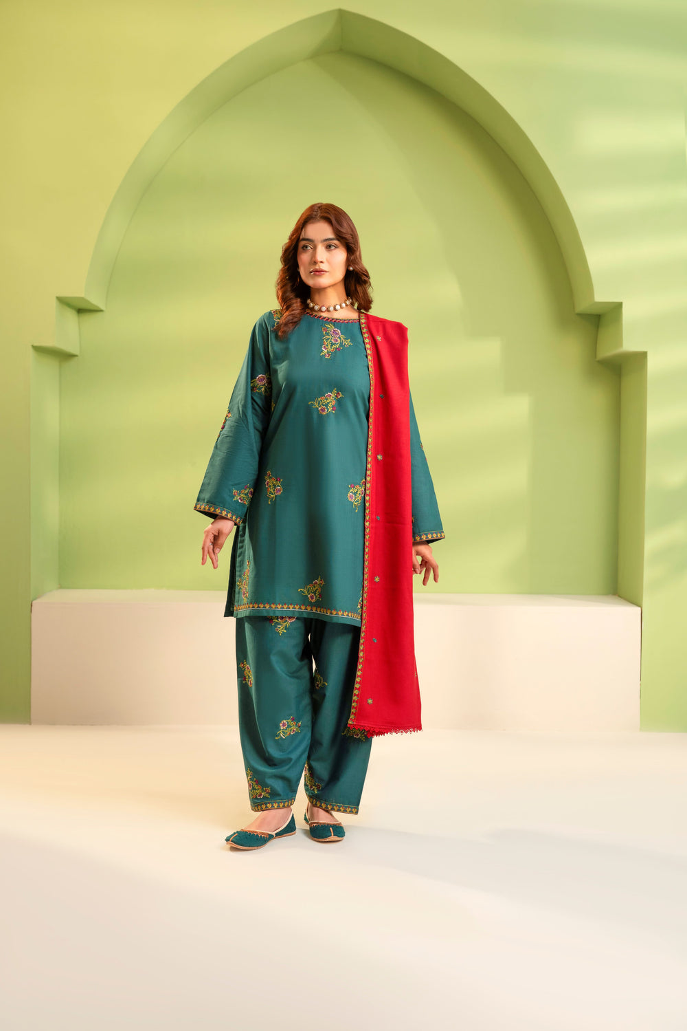 3 Piece - Slub Khaddar Embroidered Dress