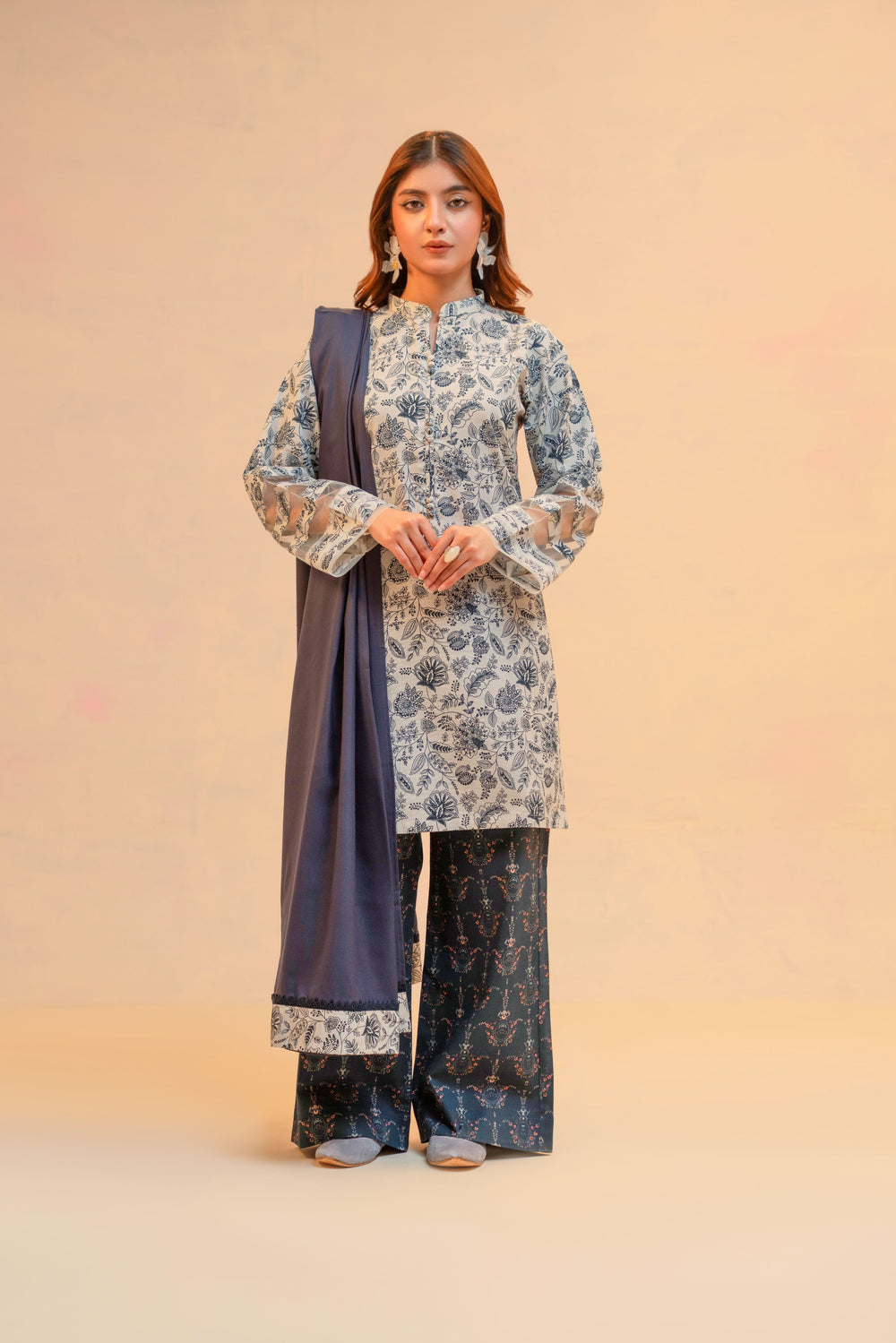 Khaddar Printed Dress with Plazo