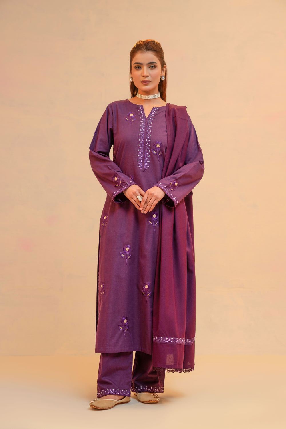 Slub Khaddar Embroidered Dress