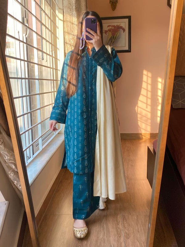 3 Piece - Khaddar Printed Dress with Bell Bottom Trouser