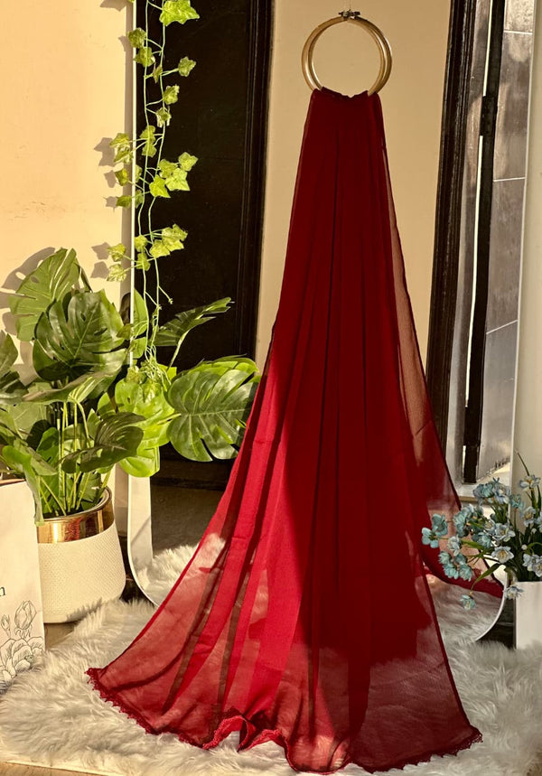 Dark Burgundy Chiffon Dupattas With Lace