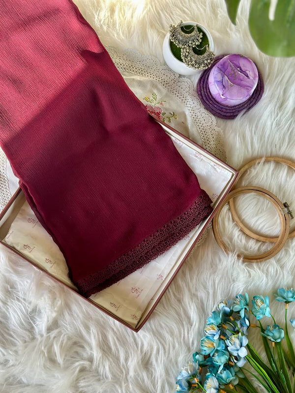 Deep Maroon Chiffon Dupattas With Lace