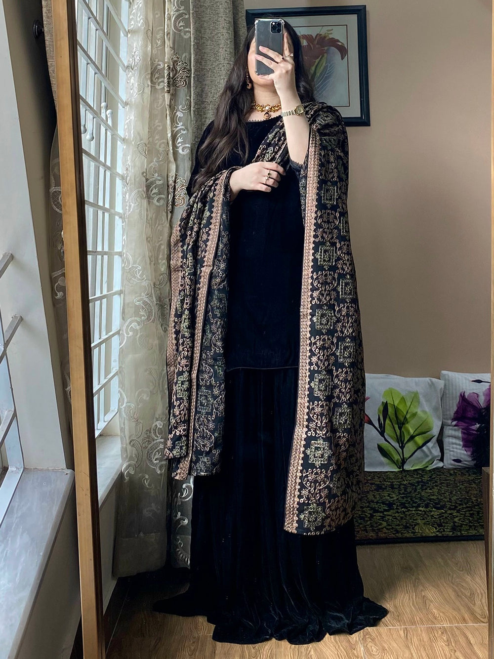 Velvet Dress With Sharara Embroidery Shawl