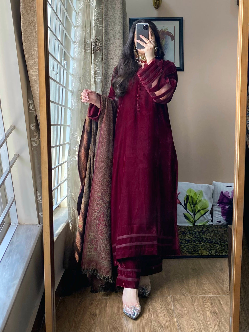 3 Piece - Velvet Dress With Trouser Woolen Acrylic Printed Shawl