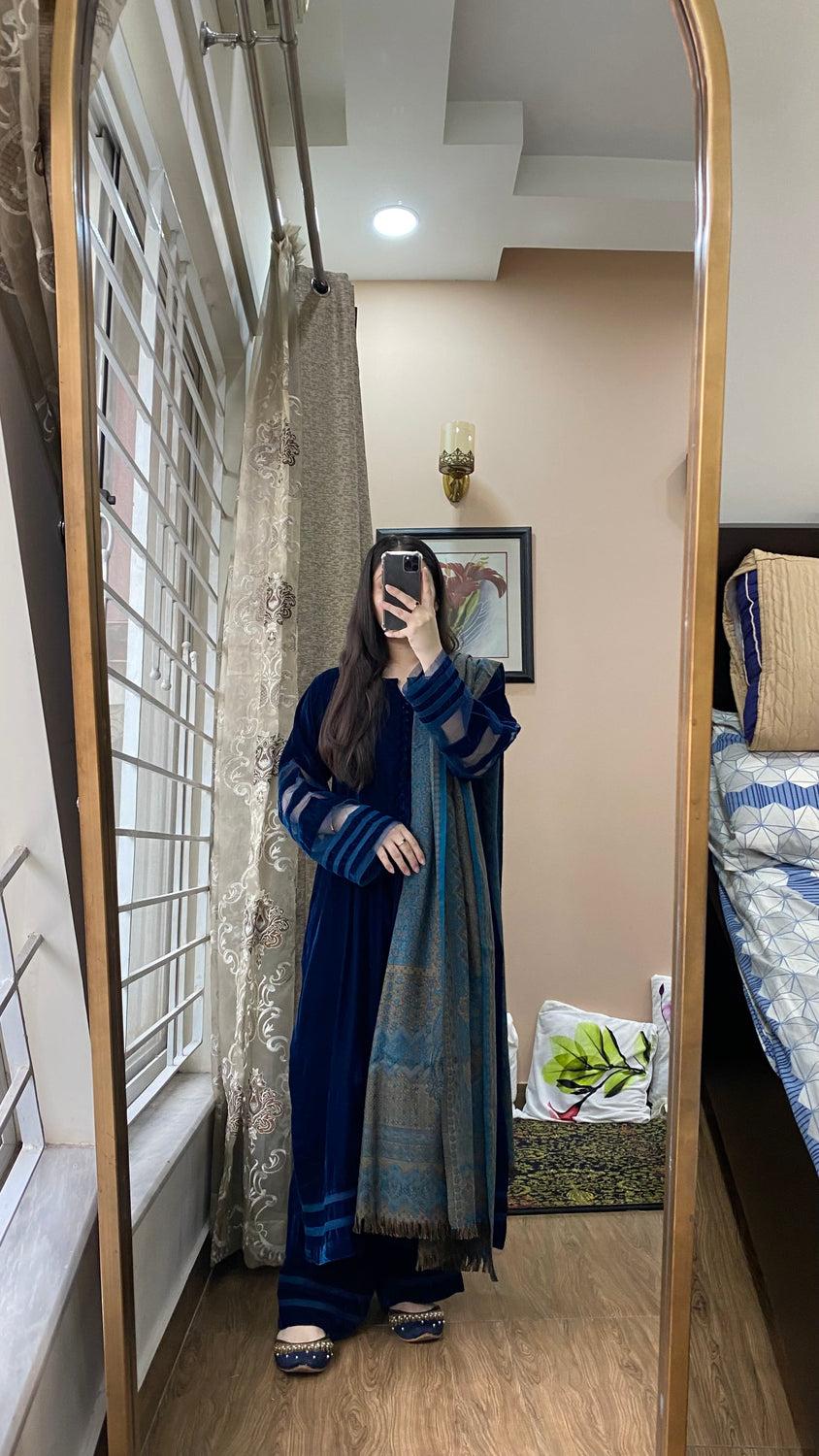 Velvet Dress With Sharara Embroidery Shawl
