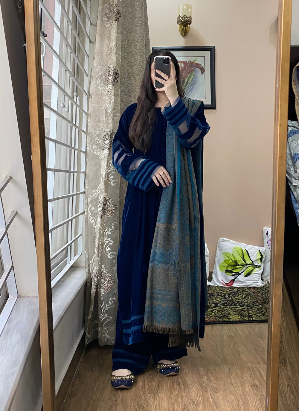 Velvet Dress With Sharara Embroidery Shawl