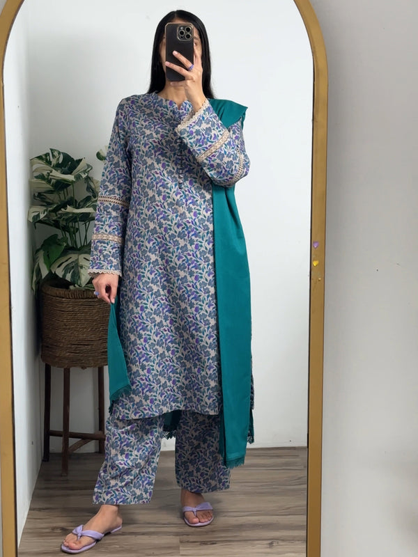 3 Piece - Khaddar Printed Beige Floral Dress with Shalwar